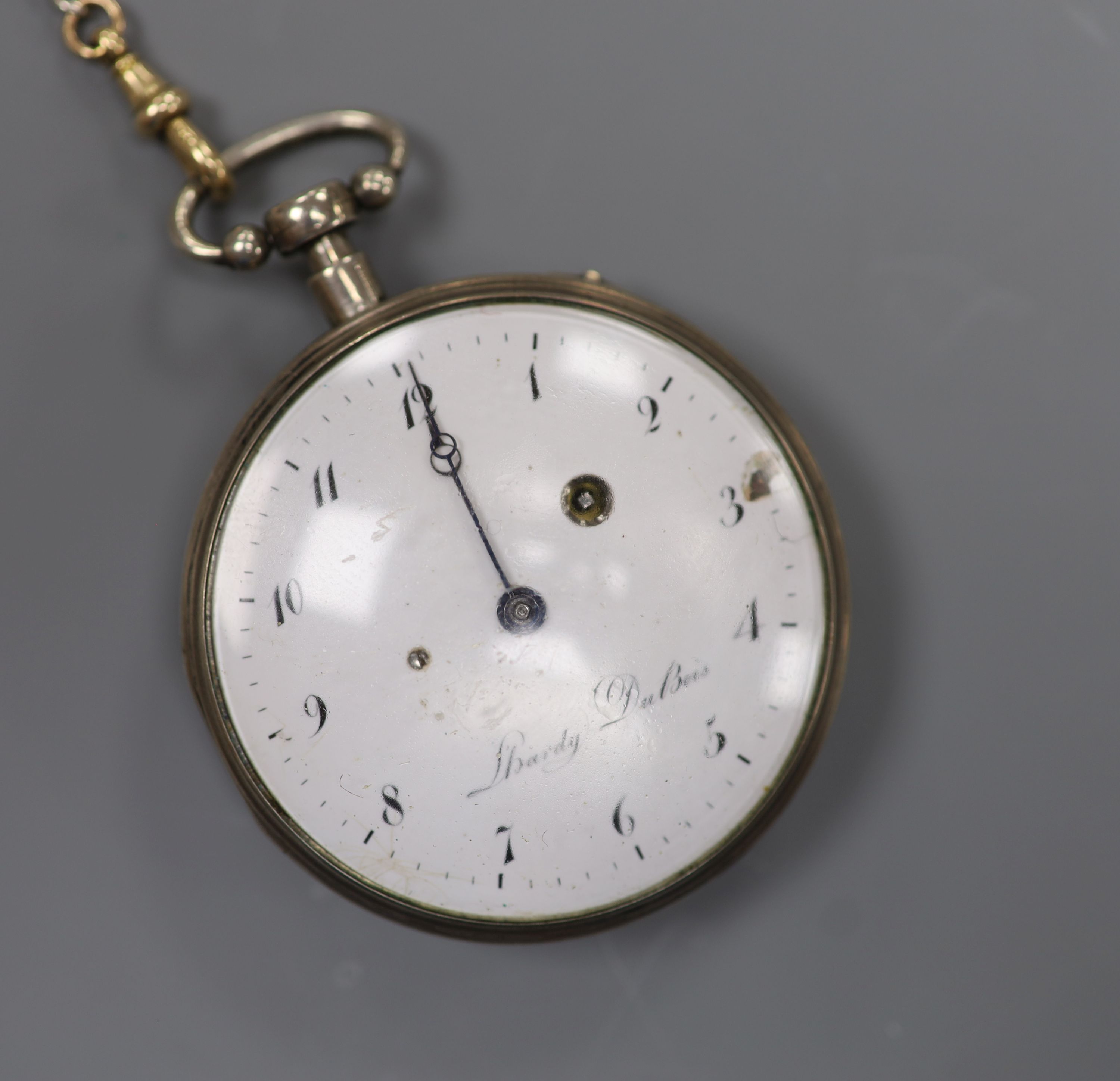 A 19th century Swiss white metal repeating keywind open faced pocket watch by L'Hardy Du Bois, (dial a.f.), on a 15ct and white metal curblink albert with two keys
